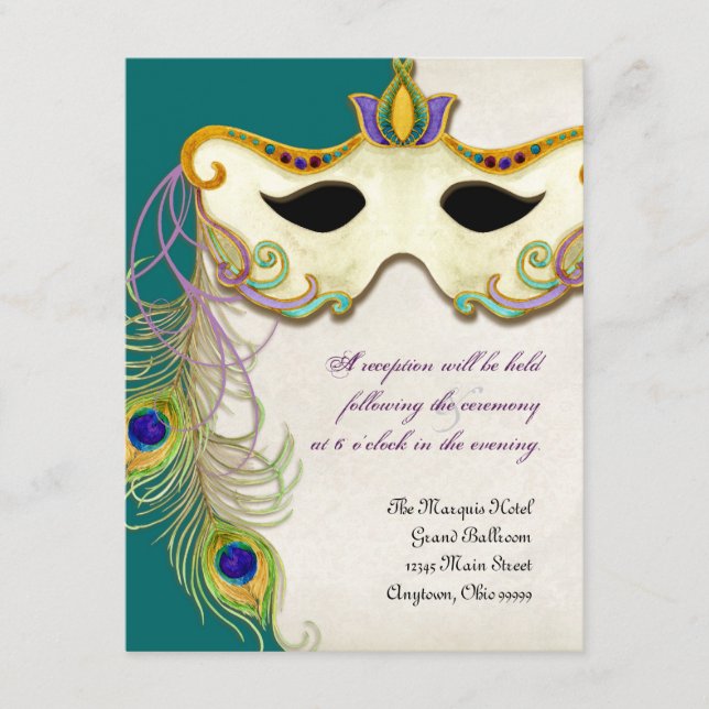 Peacock Masquerade Mask Ball - RSVP Response Card (Front)