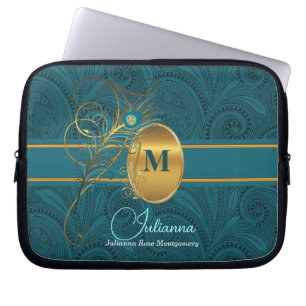 Peacock Monogrammed Elegant Teal Paisley and Gold Laptop Sleeve