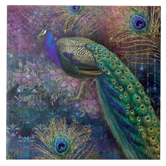 Peacock n Feathers Elegant Vintage Gold Glitter Tile (Front)