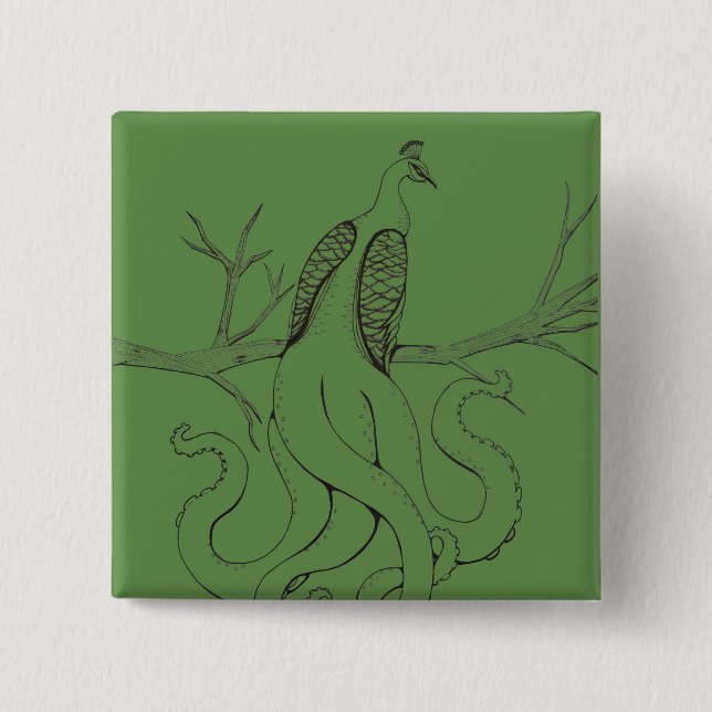 Peacock on a branch 2 inch square button (Front)