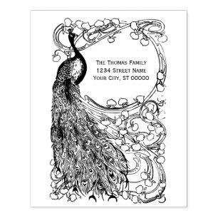 Peacock on a Circular Flower Covered Branch Rubber Stamp