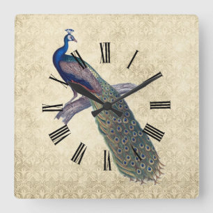 Peacock on Elegant Ivory Damask Square Wall Clock