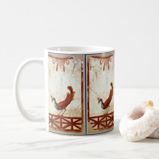 Peacock on Fresco Ancient Roman Antique Painting Coffee Mug (With Donut)