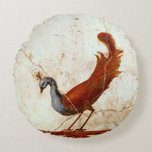Peacock on Fresco Ancient Roman Antique Painting Round Pillow