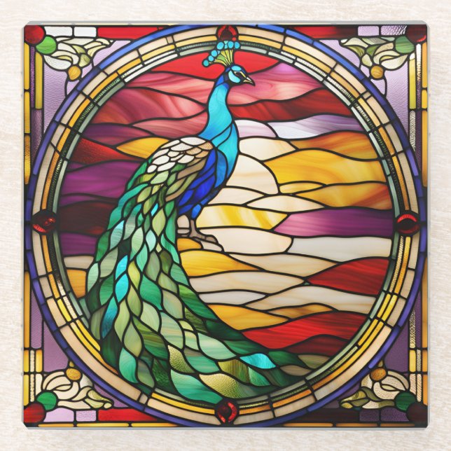 Peacock on Pink Glass Coaster (Front)