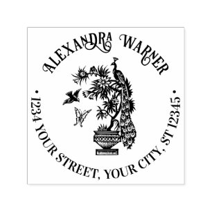 Peacock on Plant Butterfly Bird Name Address Self-inking Stamp