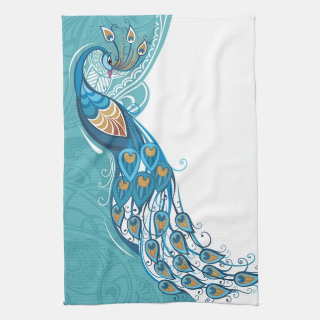 Peacock on Teal Illustration Kitchen Towel (Vertical)