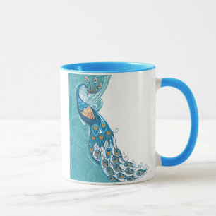 Peacock on Teal Illustration Mug