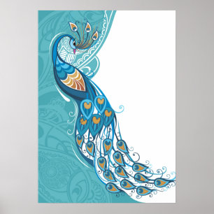 Peacock on Teal Illustration Poster