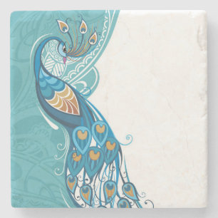 Peacock on Teal Illustration Stone Coaster