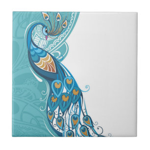 Peacock on Teal Illustration Tile