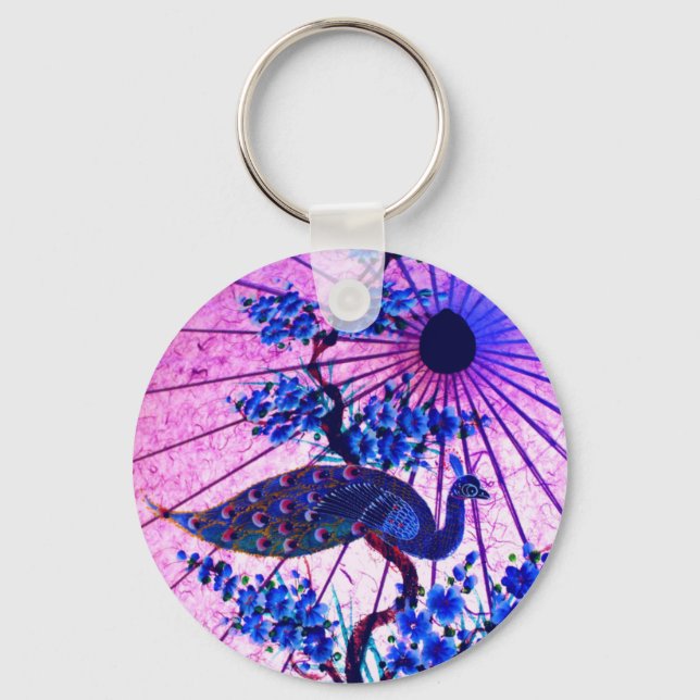 Peacock oriental parasol japanese cherry blossoms keychain (Front)