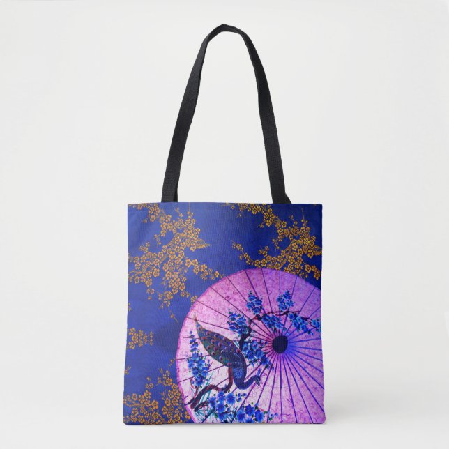 Peacock oriental parasol japanese cherry blossoms tote bag (Front)