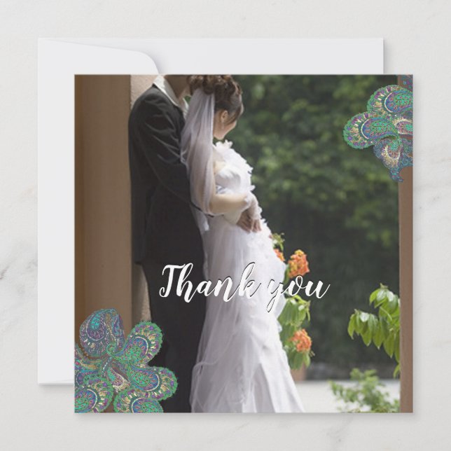 Peacock Paisley Mariage Carte photo Merci (Devant)