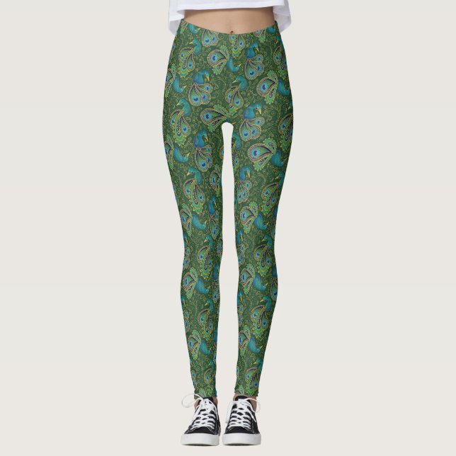 Peacock Paisley Pattern Green Leggings (Front)