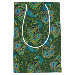 Peacock Paisley Pattern Green Medium Gift Bag