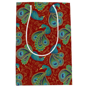 Peacock Paisley Pattern Red Medium Gift Bag