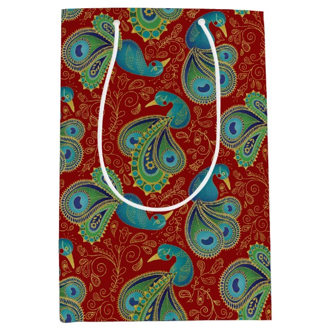 Peacock Paisley Pattern Red Medium Gift Bag (Front)