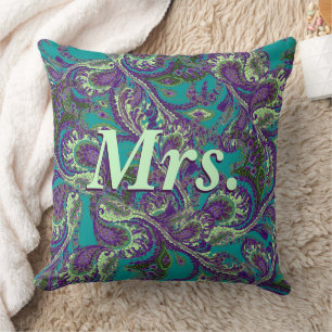 Peacock Paisley Purple and Green Brides Throw Pillow