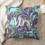 Peacock Paisley Purple and Green Brides Throw Pillow<br><div class="desc">Purple and Green Vintage Peacock Paisley Wedding Vintage Paisley Purple, Green Teal Blue, and Beautiful Aqua Peacock Paisley 2nd Wedding Anniversary Pillow. You can Personalize this Beautiful Elegant Vintage Elements with Whimsical Swirl Vintage Paisley Pattern Pillow to say anything you like or use the existing Mrs.for the Bride or Monogram...</div>