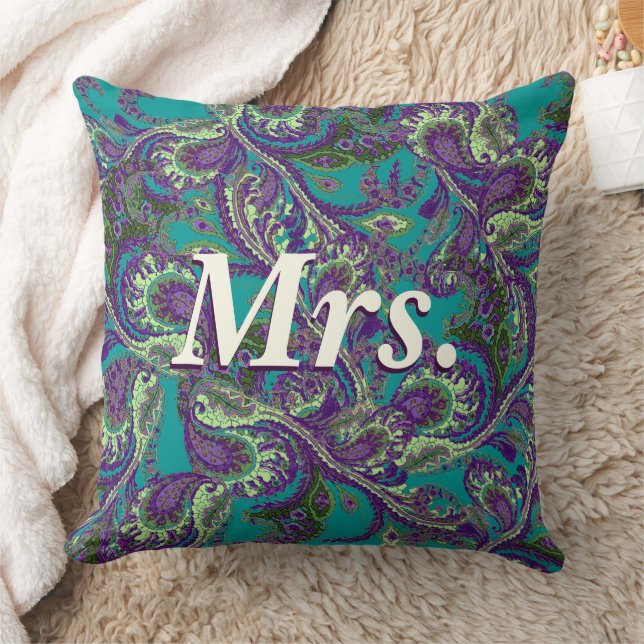 Peacock Paisley Purple and Green Brides Throw Pillow (Blanket)