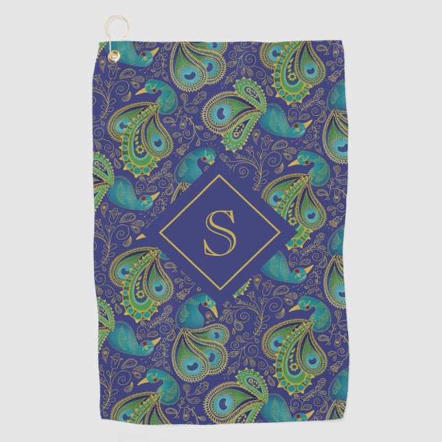 Peacock Paisley Royal Blue Monogram Golf Towel (Front)