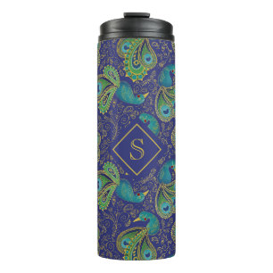 Peacock Paisley Royal Blue Monogram Thermal Tumbler