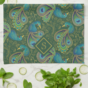 Peacock Paisley Royal Green Monogram Kitchen Towel