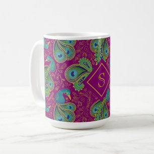 Peacock Paisley Royal Pink Fuchsia Monogram Coffee Mug
