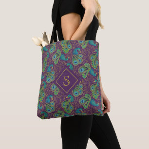 Peacock Paisley Royal Purple Monogram Tote Bag