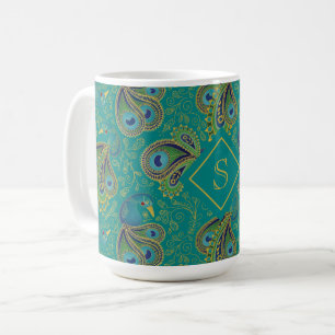 Peacock Paisley Royal Teal Monogram Coffee Mug