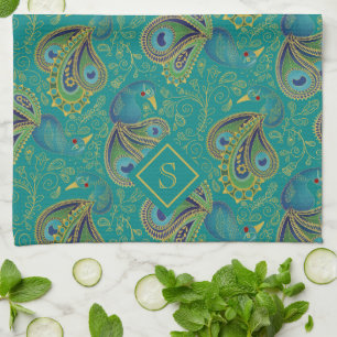Peacock Paisley Royal Teal Monogram Kitchen Towel