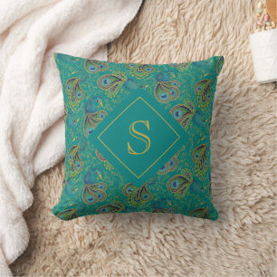 Peacock Paisley Royal Teal Monogram Throw Pillow