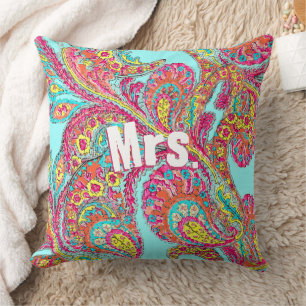 Peacock Paisley Tangerine Mustard Yellow Brides Throw Pillow