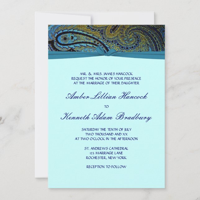 Peacock Paisley Turquoise Blue Wedding Invitations (Devant)