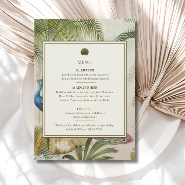 Peacock Palm Wedding Menu (Peacock Palm wedding menu with personalized courses, names and date for a tropical reception)