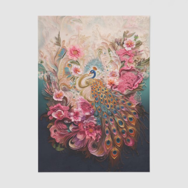 Peacock Paradise: Ornate Floral & Feather Art Tissue Paper (Front)