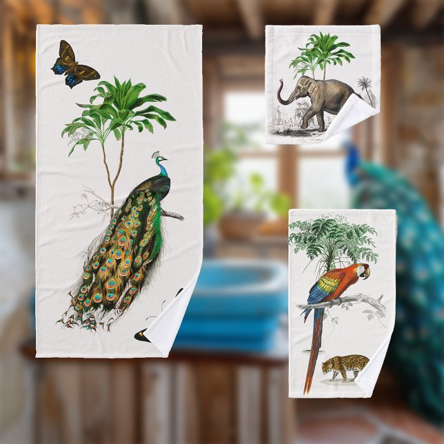 Peacock, Parrot and Elephant by D'Orbigny Bath Towel Set (Creator Uploaded)