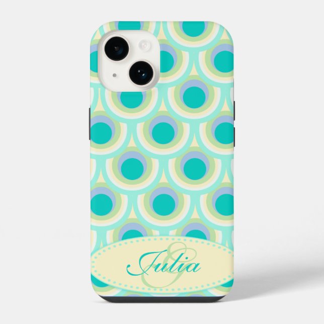 Peacock pattern mint aqua green name iPhone case (Back)