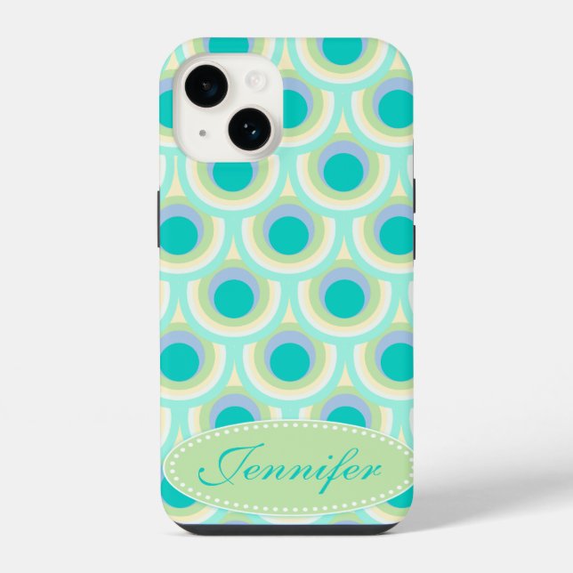 Peacock pattern mint aqua green name iPhone case (Back)