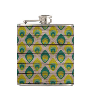 Peacock Pattern On Wood Flask