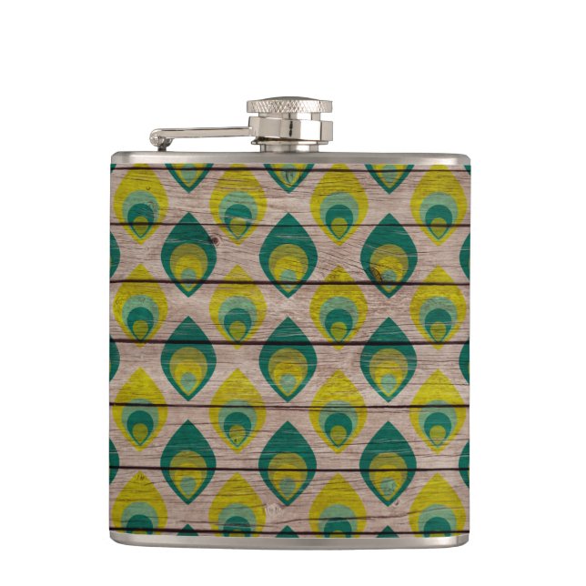 Peacock Pattern On Wood Flask (Front)