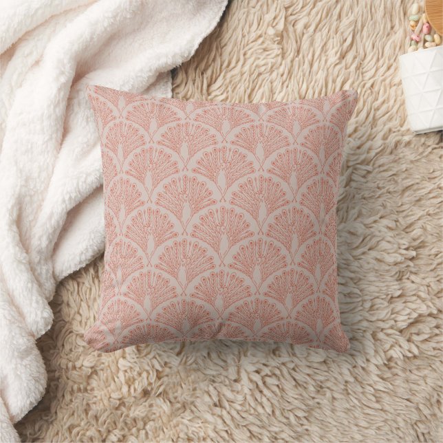 Peacock Pattern Scallop Pink and Red Throw Pillow (Blanket)