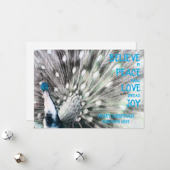 Peacock - PEACE, LOVE, JOY Flat Holiday Card (Front/Back In Situ)