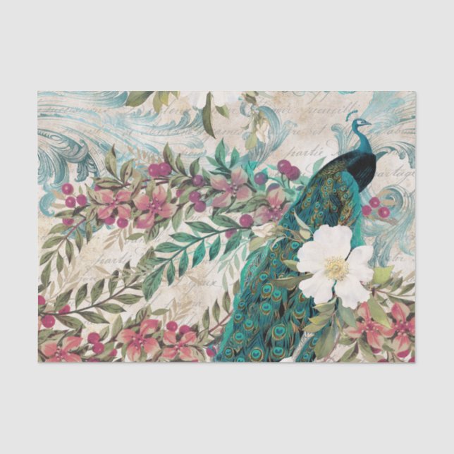 Peacock Peacocks Decoupage Pink Flowers Elegant Tissue Paper (Front)