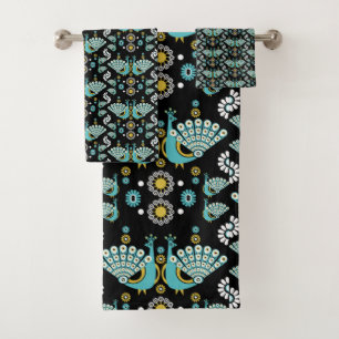 Peacock Peafowl Bird Folk Art  Bath Towel Set
