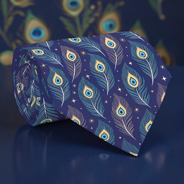 Peacock Peahen on Blue Pattern Necktie Tie (Creator Uploaded)