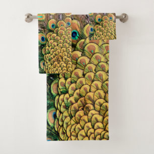 Peacock Peahen Peafowl Feathers Colourful Mirror Bath Towel Set