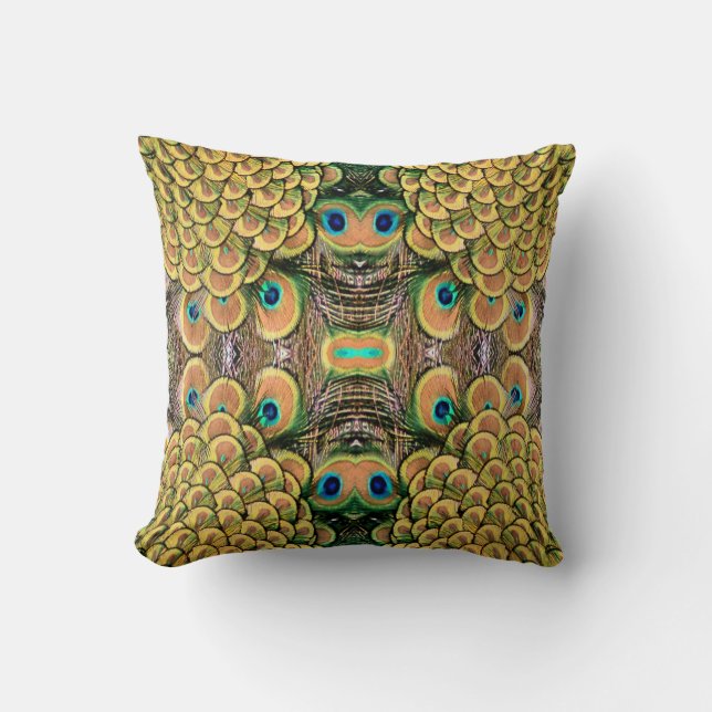 Peacock Peahen Peafowl Feathers Colourful Mirror Throw Pillow (Front)