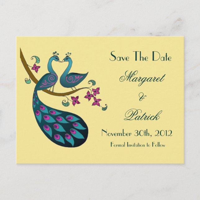 Peacock-Peahen Save the Date Postcard, straw Announcement Postcard (Front)